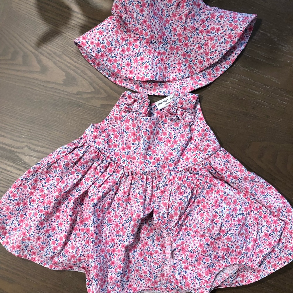 Baby girl floral dress and bloomer set with hat 0-3m NWOT